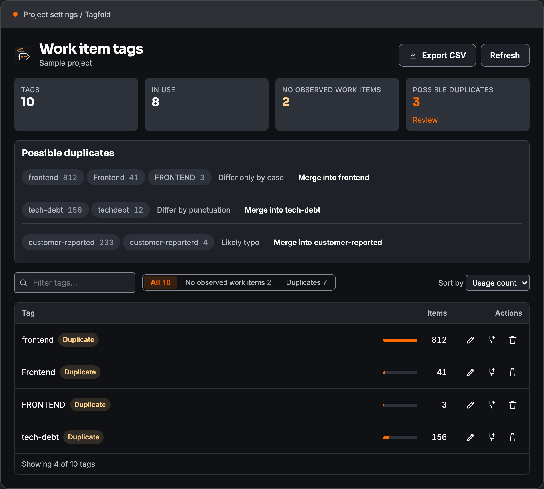 Tagfold in dark mode, with the same sample tags and duplicate groups