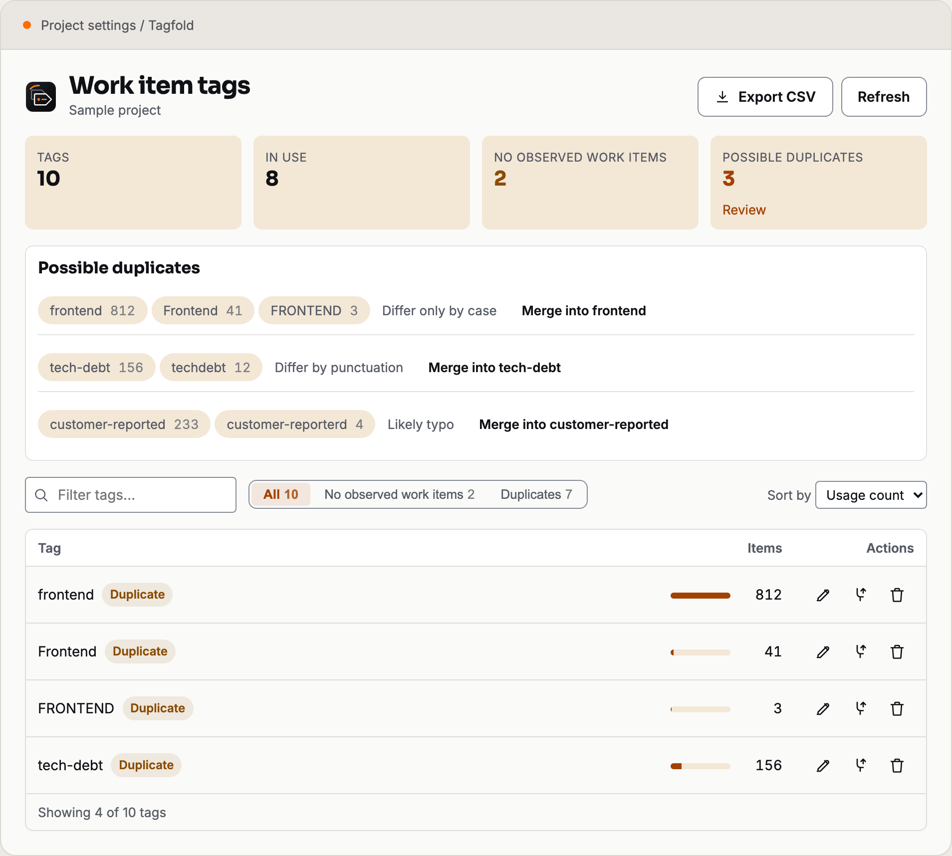 Tagfold shows usage counts and suggested duplicates in a sample project