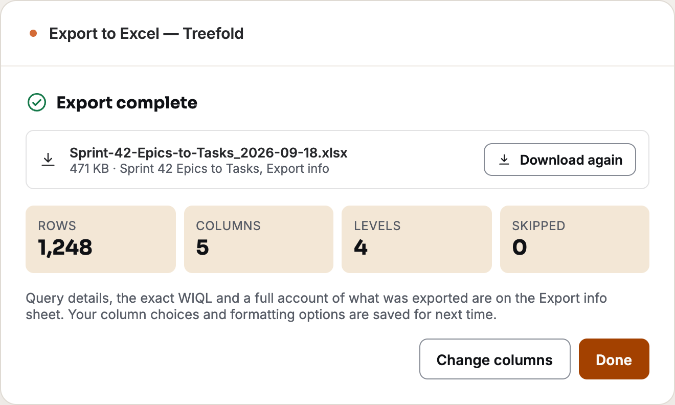 Treefold completion screen: workbook ready to download, with export details included