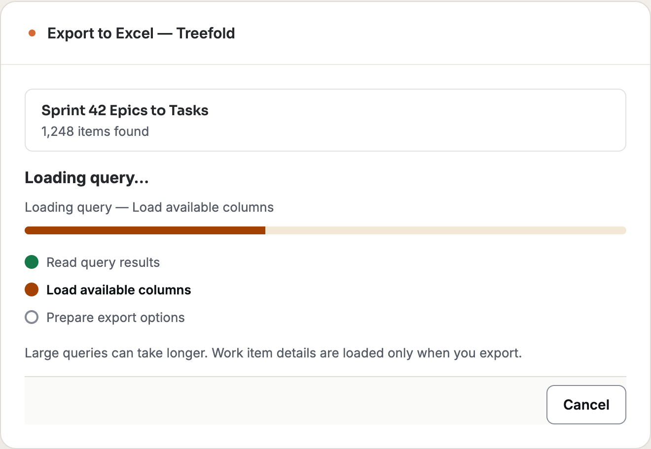 Treefold loading a sample query: results are ready while available columns load