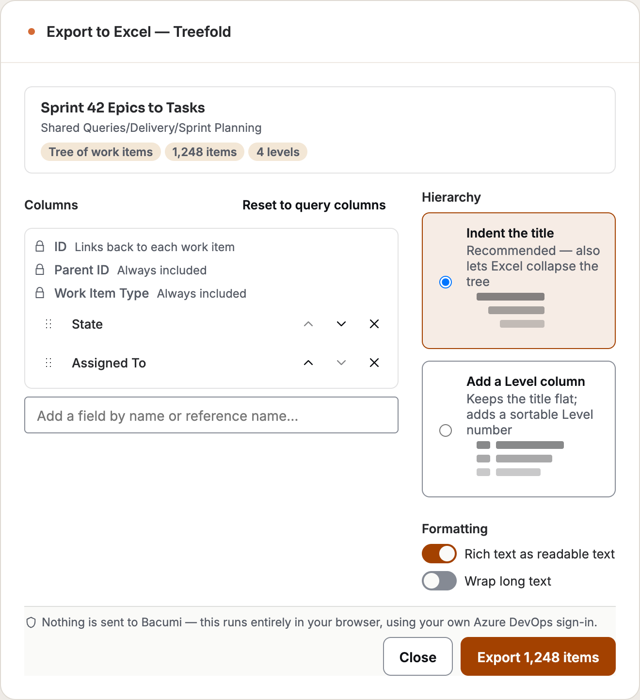 Treefold export setup: choose columns and keep the query hierarchy